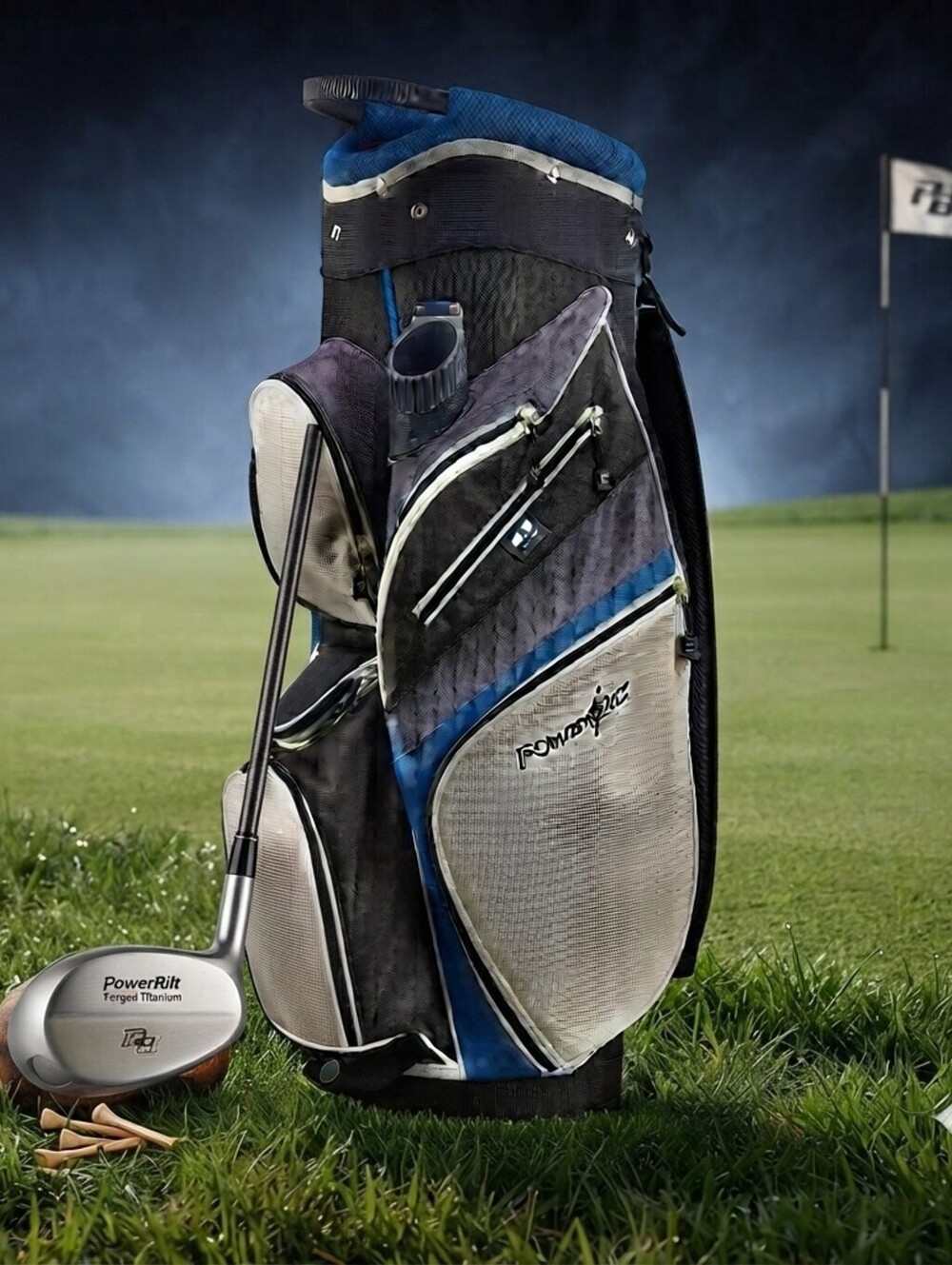 Vtg. PowerBilt Golf Cart Bag 14-Way Divider Cooler Pocket Black Blue White 35"